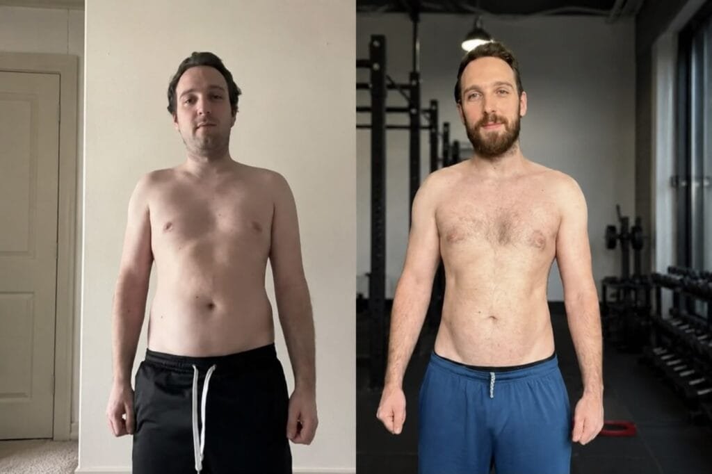 Before and after body transformation photos of client Lukas showing fat loss progress