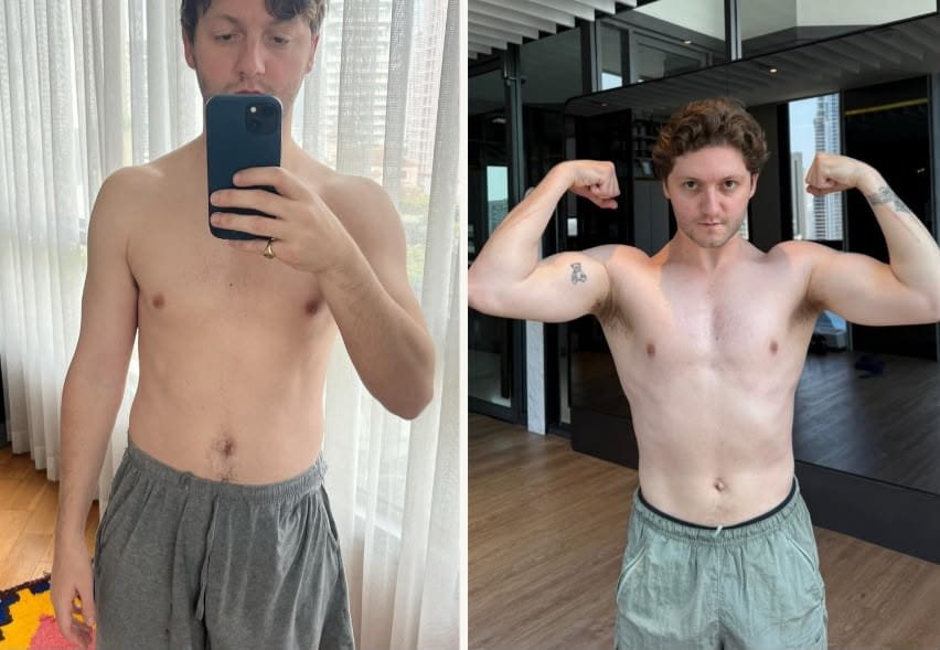Before and after body transformation photos of client Teddie showing muscle gain progress