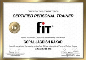 FIT-Certified Personal Trainer certificate, Fitness Innovations Thailand, awarded to Gopal Kakad