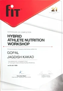 Hybrid Athlete Nutrition Workshop certificate, FIT Thailand, awarded to Gopal Kakad
