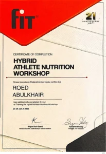 Hybrid Athlete Nutrition Workshop certificate, FIT Thailand, awarded to Ro-ed Abulkahir